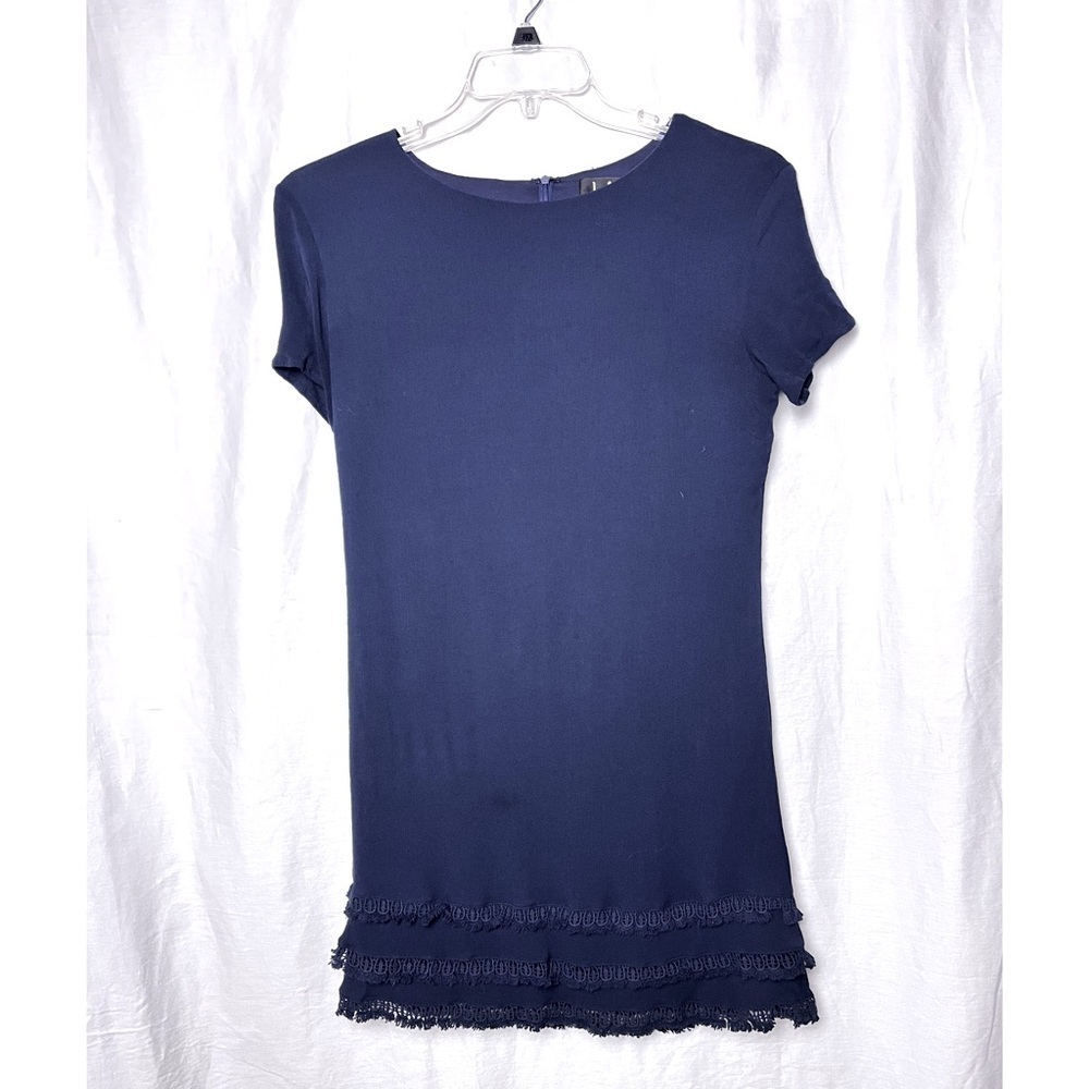 Lulu’s | Navy Blue Buenos Aires Crochet Fringe Mini Shift Dress, Medium